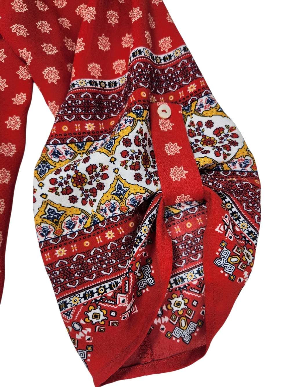 West Kei Women’s L Red Boho Mixed Print Tie Front Blouse 3/4 Sleeve Flowy Fall - Picture 9 of 12